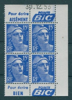 !!! 15 F MARIANNE DE GANDON BLOC DE 4 AVEC PUBS BIC CLIC ET COIN DATE NEUF ** - 1950-1959