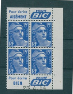 !!! 15 F MARIANNE DE GANDON BLOC DE 4 AVEC PUBS POINTE BIC ET COIN DATE NEUF ** - 1950-1959