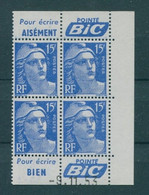 !!! 15 F MARIANNE DE GANDON BLOC DE 4 AVEC PUBS POINTE BIC ET COIN DATE NEUF ** - 1950-1959