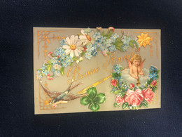 CPA Fantaisie Ancienne Celluloïde * Bonne Année * Ajoutis * Ange Angelot Angel * Fleurs * Oiseau - Other & Unclassified