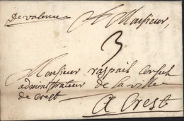Drôme Marque Manuscrite "De Valence" Lettre Du 20 Sept 1727 Taxe Manuscrite 3 Pour Crest Lenain N°2A - 1701-1800: Vorläufer XVIII