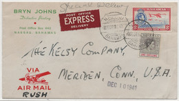 PANAM BAHAMAS 1941 Via Air Mail Rush Express Delivery Post Office Nassau To US Meriden Connecticut FAM 7 Via MIAMI - Avions