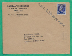 N°674 CERES MAZELIN PREOBLITERE + GRIFFE SUPPLEMENT 0.30C PAYE NUME PARIS POUR LA BAULE + CARTE PARIS VERSO COVER FRANCE - 1945-47 Cérès De Mazelin