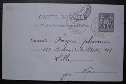 Landrecies Nord 1893 Carte Entier Postal Sage De G.Huet Pharmacien, Avec étiquette Au Revers Pour Un Collègue De Lille - 1877-1920: Semi-moderne Periode