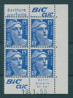 !!! 15 F MARIANNE DE GANDON BLOC DE 4 AVEC PUBS BIC CLIC ET COIN DATE NEUF ** - 1950-1959