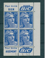 !!! 15 F MARIANNE DE GANDON BLOC DE 4 AVEC PUBS POINTE BIC ET COIN DATE NEUF ** - 1950-1959