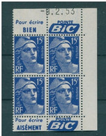 !!! 15 F MARIANNE DE GANDON BLOC DE 4 AVEC PUBS POINTE BIC ET COIN DATE NEUF ** - 1950-1959