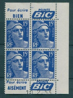 !!! 15 F MARIANNE DE GANDON BLOC DE 4 AVEC PUBS POINTE BIC ET COIN DATE NEUF ** - 1950-1959