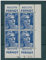 !!! 15 F MARIANNE DE GANDON BLOC DE 4 AVEC PUBS BISCUITS PERNOT ET COIN DATE NEUF ** - 1950-1959