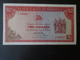 27 - RHODESIA   2 Dollars  17th February  1970   UNC  Low Serial Number  K/35  -000067 - Rhodesia