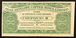 Roan Antelope Copper Mines Limited Coupon Representant 5 Unites De Stock Lotto.3921 - Otros & Sin Clasificación