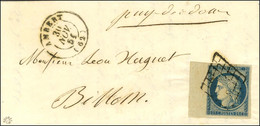 Grille / N° 4 Bleu Foncé, Grand Bdf Et Superbe Marge Càd T 15 AMBERT (62) Sur Lettre Pour Billom. 1851. - SUP. - 1849-1850 Cérès