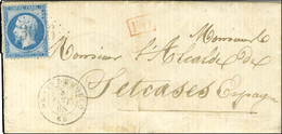 GC 3016 / N° 22 Càd T 15 PRATS DE MOLLO 65 Sur Lettre Au Tarif Frontalier Pour Setcases (Espagne), Au Recto PD Rouge, Au - 1862 Napoleon III