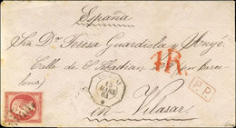 Ancre / N° 24 Càd Octo URUGUAY / * + P.P. Rouge Local Sur Lettre Pour Barcelone, Taxe Espagnole 4 Rs Rouge. 1864. - TB / - 1862 Napoléon III.