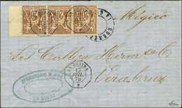 Càd Octo LA GUAYRA / N° 67 Bande De 3, Bdf Sur Lettre Pour Vera Cruz, Au Verso Càd De Passage St THOMAS. 1878. - SUP. -  - 1876-1878 Sage (Type I)