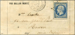 Etoile 11 / N° 14 (leg Def) Càd PARIS / R. ST HONORÉ 8 OCT. 70 Sur Lettre PAR BALLON MONTÉ Pour Rouen, Au Verso Càd D'ar - Krieg 1870