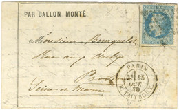 Etoile 22 / N° 29 Càd PARIS / R. TAITBOUT 15 OCT. 70 Sur Lettre PAR BALLON MONTÉ Pour Provins (zone Occupée), Au Verso C - Guerra De 1870