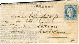 Etoile 35 / N° 37 Càd PARIS / MINISTERE DES FINANCES 5 DEC. 70 Sur BALLON POSTE N° 10 Pour Limoges, Au Verso Càd D'arriv - War 1870