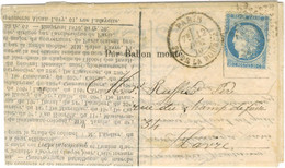 Etoile 1 / N° 37 (def) Càd PARIS / PL. DE LA BOURSE 12 DEC. 70 Sur BALLON POSTE N° 12 Pour Le Havre Sans Càd D'arrivée.  - War 1870
