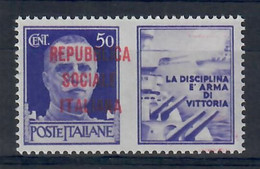 ITALIA - REPUBBLICA SOCIALE ITALIANA 1944 - PROPAGANDA DI GUERRA - 50 C. - VARIETA' SOPRASTAMPA SPOSTATA A DX  - MNH/** - War Propaganda