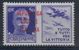 ITALIA - REPUBBLICA SOCIALE ITALIANA 1944 - PROPAGANDA DI GUERRA - 50 C. - VARIETA' SOPRASTAMPA SPOSTATA A DX  - MNH/** - Propaganda De Guerra