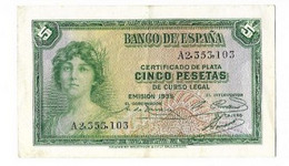 ESPAÑA: 5 PESETAS CERTI. PLATA (II REPUBLICA). AÑO 1935. SERIE A. MBC+. IDEAL. - 5 Peseten