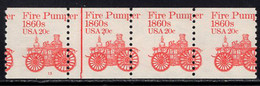 U.S.A.(1981) 1860 Fire Pumper. Vertical Misperforation In Strip Of 4 Cutting Off Part Of The Wheel. Scott No 1908. - Varietà, Errori & Curiosità