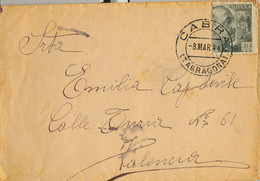 1944 TARRAGONA , SOBRE CIRCULADO ENTRE CABRA Y VALENCIA , LLEGADA MUY TÉNUEAL DORSO . ED. 925 - Cartas & Documentos