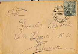 1944 TARRAGONA , SOBRE CIRCULADO ENTRE CABRA Y VALENCIA , LLEGADA MUY TÉNUEAL DORSO . ED. 925 - Storia Postale