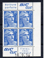 !!! 15 F MARIANNE DE GANDON BLOC DE 4 AVEC PUBS BIC CLIC ET COIN DATE NEUF ** - 1950-1959
