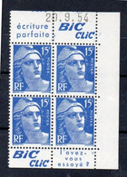 !!! 15 F MARIANNE DE GANDON BLOC DE 4 AVEC PUBS BIC CLIC ET COIN DATE NEUF ** - 1950-1959