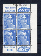 !!! 15 F MARIANNE DE GANDON BLOC DE 4 AVEC PUBS POINTE BIC ET COIN DATE NEUF ** - 1950-1959