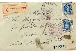 SP762/TP 257 (2) Houyoux S/L.Recommandée Obl. Verviers 1923 > USA Boston C. Mauve Passed Free U.S. Customs Boston Mass. - Covers & Documents