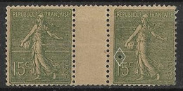 France  1906 - 15 C.Semeuse Vert-gris En Paire Interpanneau  - Y&T N° 130j (Papier GC) (IV) Neuf Luxe ** Voir Descriptif - Unused Stamps