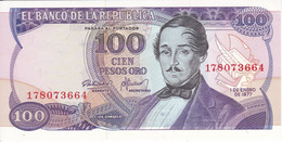 BILLETE DE COLOMBIA DE 100 PESOS DE ORO DEL AÑO 1977 EN CALIDAD EBC (XF)  (BANK NOTE) - Colombia