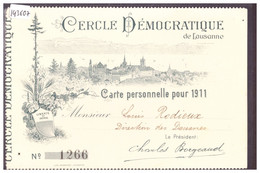 LAUSANNE - CERCLE DEMOCRATIQUE - CARTE PERSONNELLE POUR 1911 - TB - VD Vaud