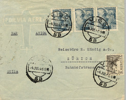 1946 PONTEVEDRA , SOBRE CIRCULADO ENTRE VIGO Y ZÜRICH , CORREO AÉREO , AL DORSO TRÁNSITO DE MADRID - Briefe U. Dokumente