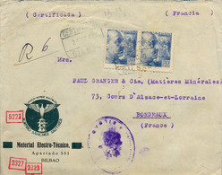 1940 VIZCAYA  , SOBRE COMERCIAL CERTIFICADO ENTRE BILBAO Y BORDEAUX , DOBLE CENSURA , LLEGADA AL DORSO - Storia Postale