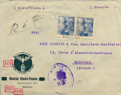 1940 VIZCAYA  , SOBRE COMERCIAL CERTIFICADO ENTRE BILBAO Y BORDEAUX , DOBLE CENSURA , LLEGADA AL DORSO - Briefe U. Dokumente