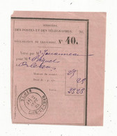 Déclaration De Versement N° 40, Ministère Des Postes Et Des Télégraphes,BLOIS , 1884, 2 Scans - Unclassified