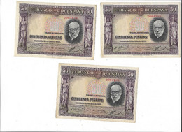 ESPAÑA: TRIO CORRELATIVO 50 PESETAS RAMON Y CAJAL. AÑO 1935. SIN SERIE. BC+. - 50 Pesetas