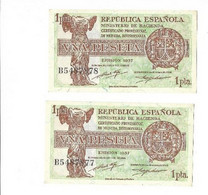 ESPAÑA: PAREJA 1 PESETA II REPUBLICA (CERT. PLATA). AÑO 1937. SERIE B. SC+. - 1-2 Peseten