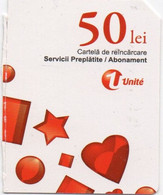 Recharge GSM - Moldavie - Unité - 50 Lei Blanche Etoiles Et Coeurs Rouges, Côté Droit, N° Série Sous Code-barres - Moldavie