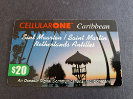 St MAARTEN  Prepaid  $20,- PARADISE WIRELESS  TREE HUT BY SUNSET       Fine Used Card  **10129** - Antillas (Nerlandesas)