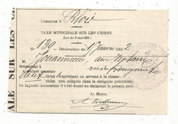 Taxe Municipale Sur Les Chiens , Commune De BLOIS , 1882, 2 Scans - Ohne Zuordnung