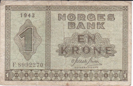 BILLETE DE NORUEGA DE 1 KRONE DEL AÑO 1943 (BANKNOTE) - Norvegia