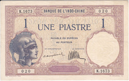 BILLETE DE INDO-CHINE DE 1 PIASTRE DEL AÑO 1921 CALIDAD EBC (XF) (BANKNOTE) BANQUE DE L'INDO-CHINE - Indocina