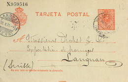 1911 , VALENCIA  , E.P. 49 CIRCULADO , VILLANUEVA DEL GRAO - LANGNAU , LLEGADA - 1850-1931