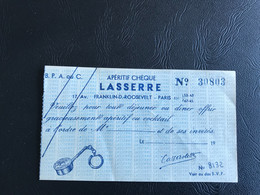 Aperitif Cheque LASSERE 17 Av. Franklin Roosevelt PARIS - Bon Pour Coktail - Cheques & Traveler's Cheques