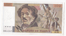 100 Francs Delacroix 1980 Alphabet H.29 N 994167,  Billet Ayant Circulé - 100 F 1978-1995 ''Delacroix''